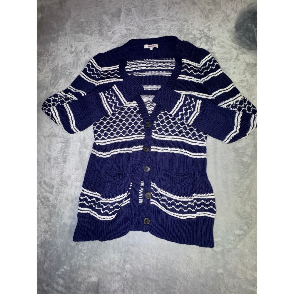 Madewell Navy Blue White Fair Isle Striped Cotton Cardigan Sweater A1331 Small